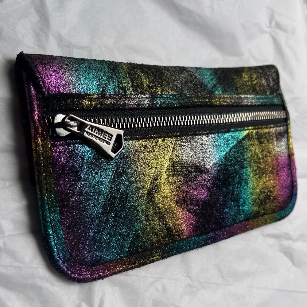 Aimee Kestenberg suede metallic rainbow flap wallet clutch - Picture 3 of 9